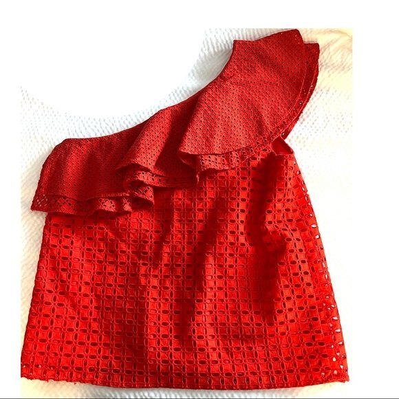 J.Crew One-shoulder Ruffle Eyelet Top in Red 2 NWOT - Picture 5 of 13